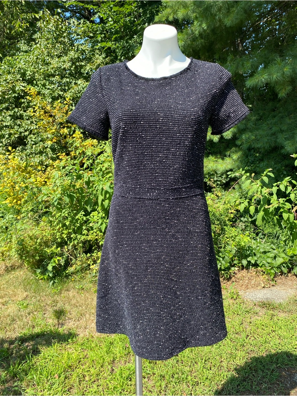 Loft black and white marled knit belt waist detail fringe neck and cuff dress 4